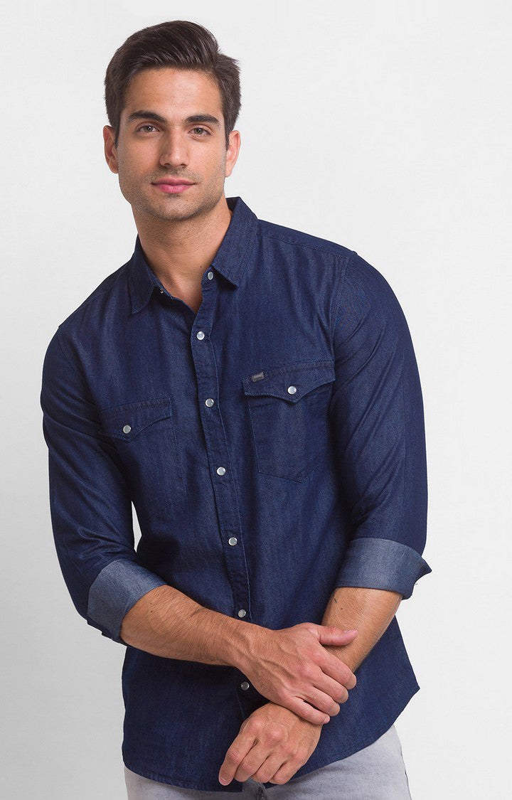 Men's Denim Shirt Dark Blue Thick Cotton Regular Fit Stonewashed Snap  Buttons UK | eBay